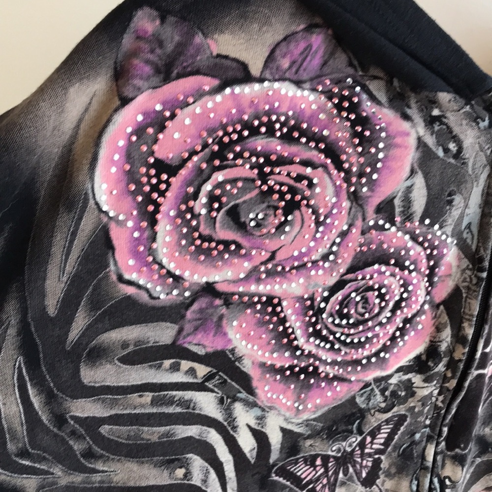 Essentials Sz 4X hoodie zip front Y2K graphic roses Butterflies crystals black - Picture 3 of 14